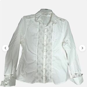 Anne Fontaine LADIES BLOUSE 42 10 WHITE CREAM EYELET CROCHET SHEER BUTTON UP